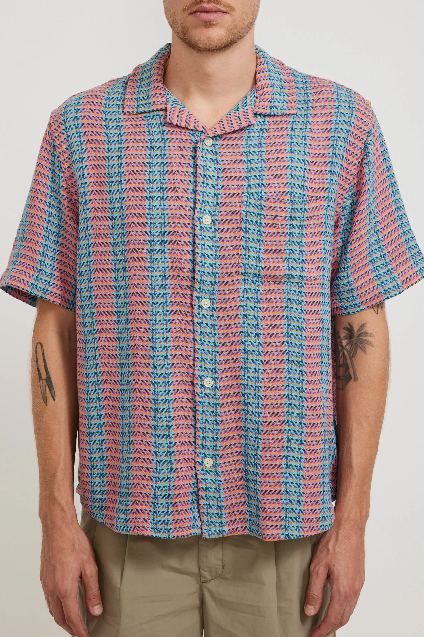 Acid Plaid Iris SS Camp Shirt Pink
