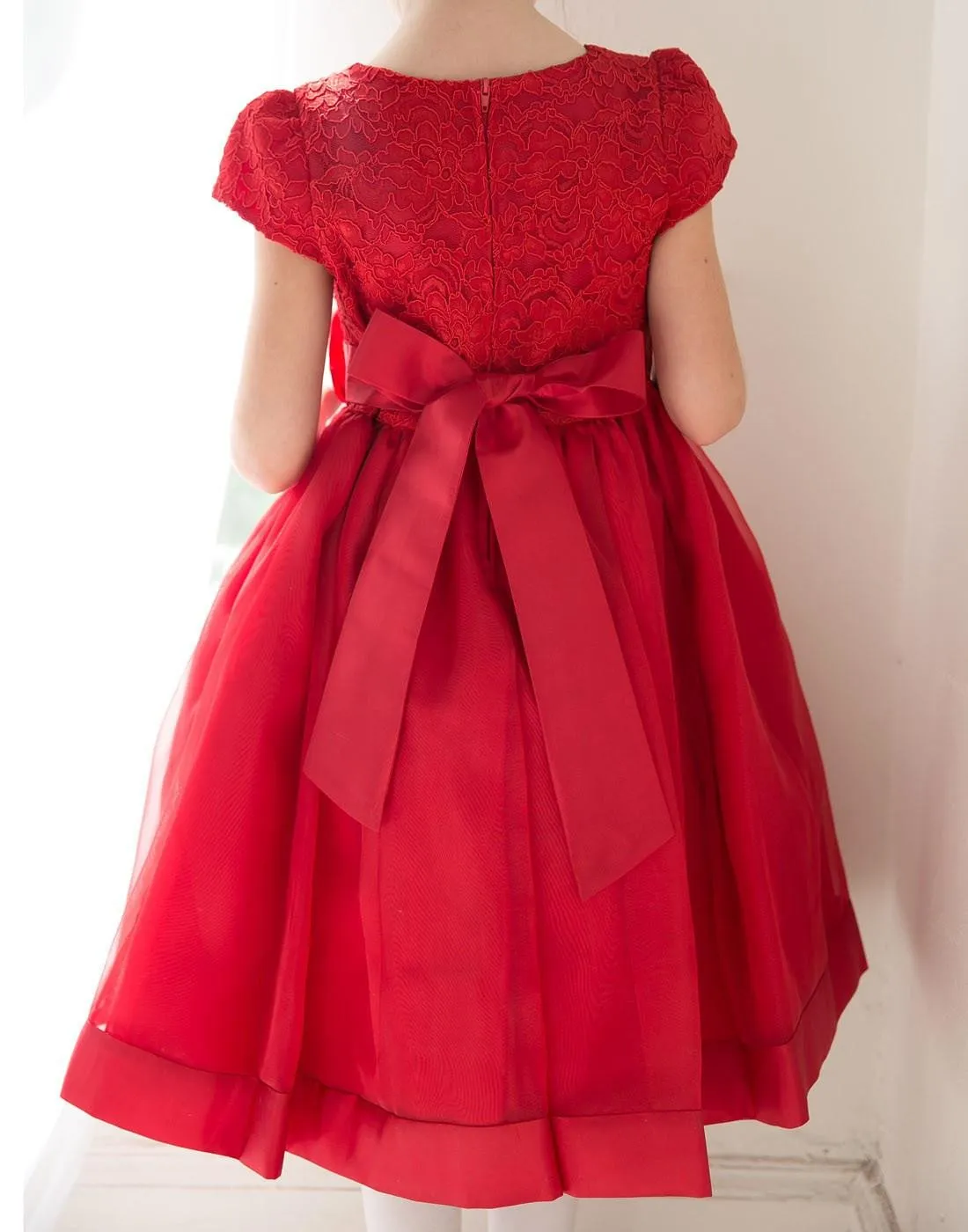 Attractive Lace and Mirror Organza Dress with a Satin Blossom - Red