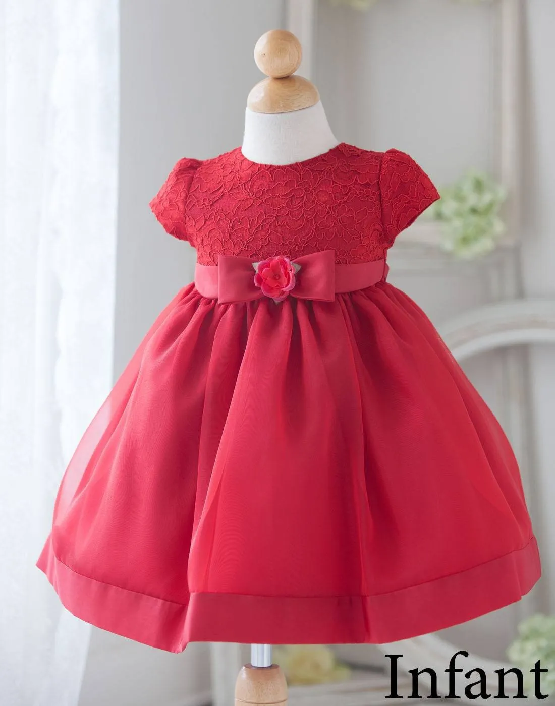 Attractive Lace and Mirror Organza Dress with a Satin Blossom - Red