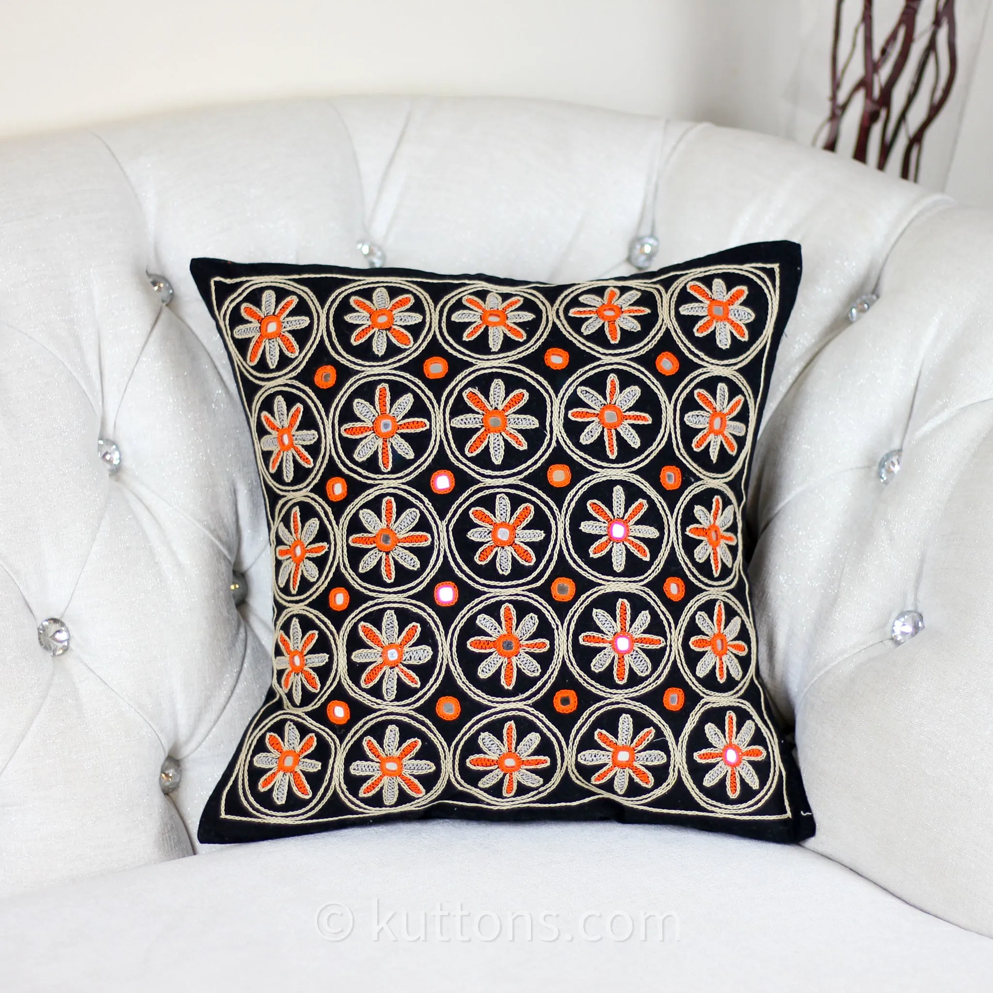Banjara Lambani Hand Embroidered Cushion Cover - Embroidered Mirrors | Throw Pillow Case, Black, 16x16"