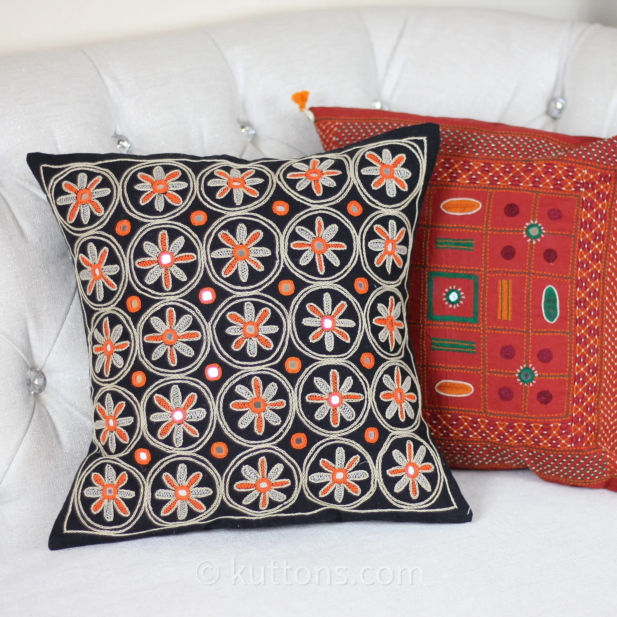 Banjara Lambani Hand Embroidered Cushion Cover - Embroidered Mirrors | Throw Pillow Case, Black, 16x16"
