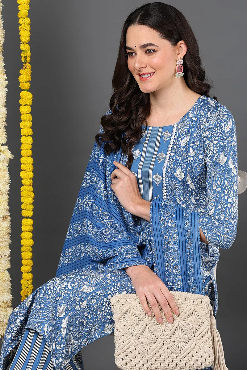 Blue Rayon Blend Floral Printed Straight Suit Set
