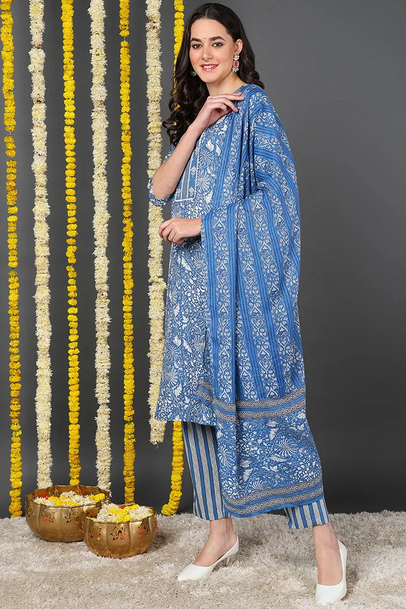 Blue Rayon Blend Floral Printed Straight Suit Set