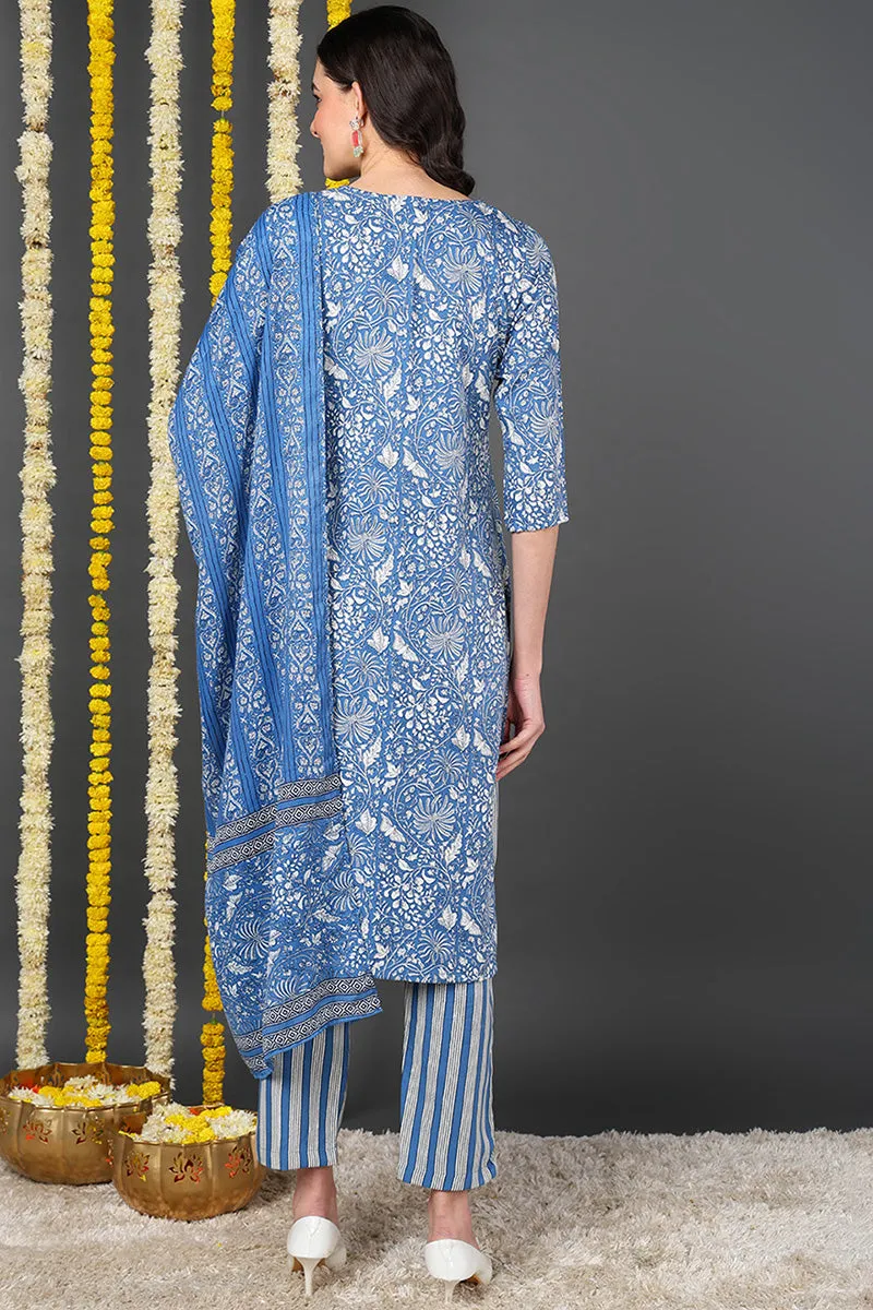 Blue Rayon Blend Floral Printed Straight Suit Set