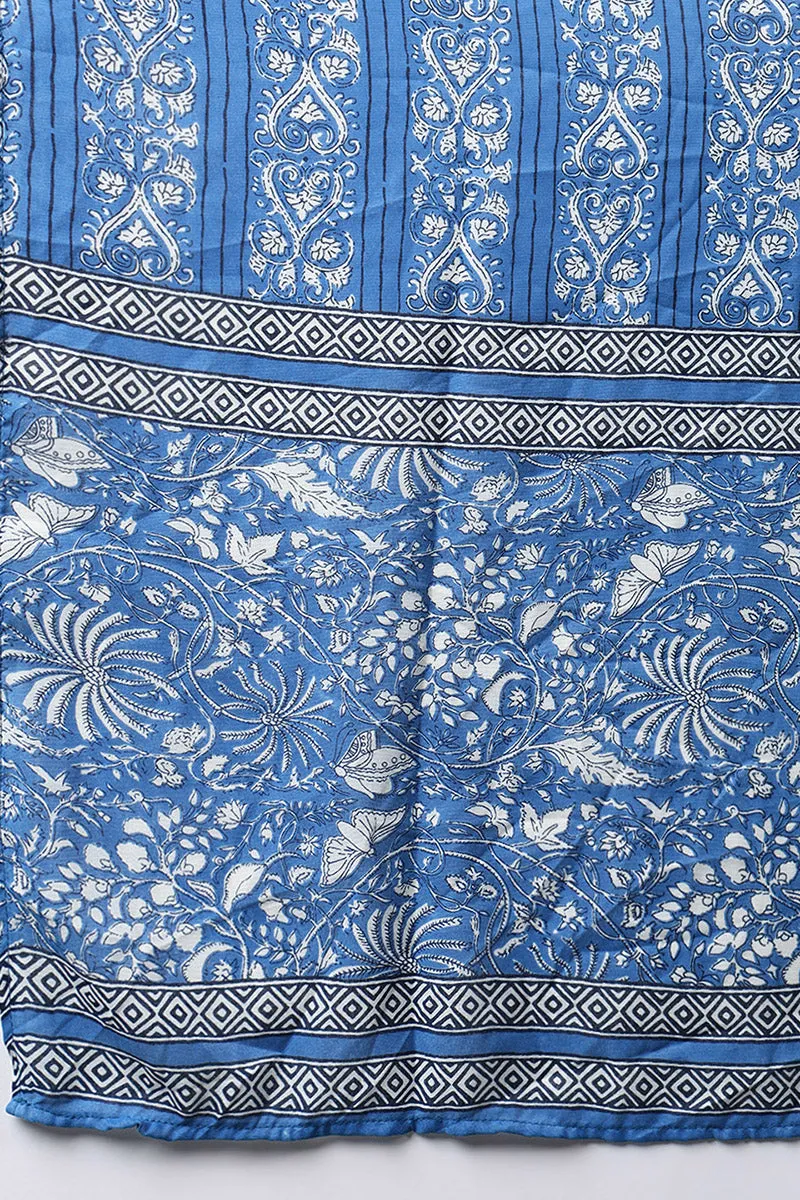 Blue Rayon Blend Floral Printed Straight Suit Set