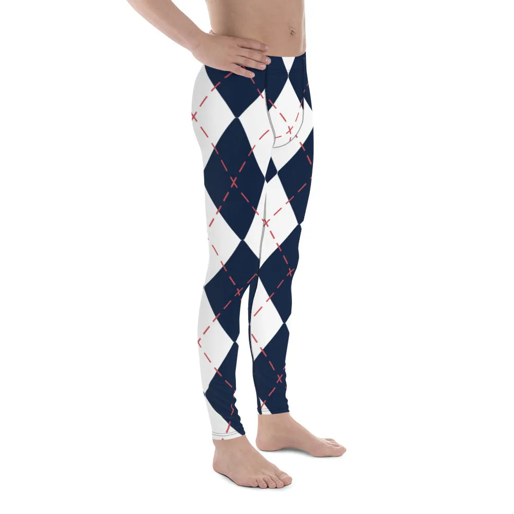 Blue White Plaid Men's Leggings, Tartan Plaid Print Compression Men's Leggings Tights Pants - Made in USA/MX/EU (US Size: XS-3XL)
