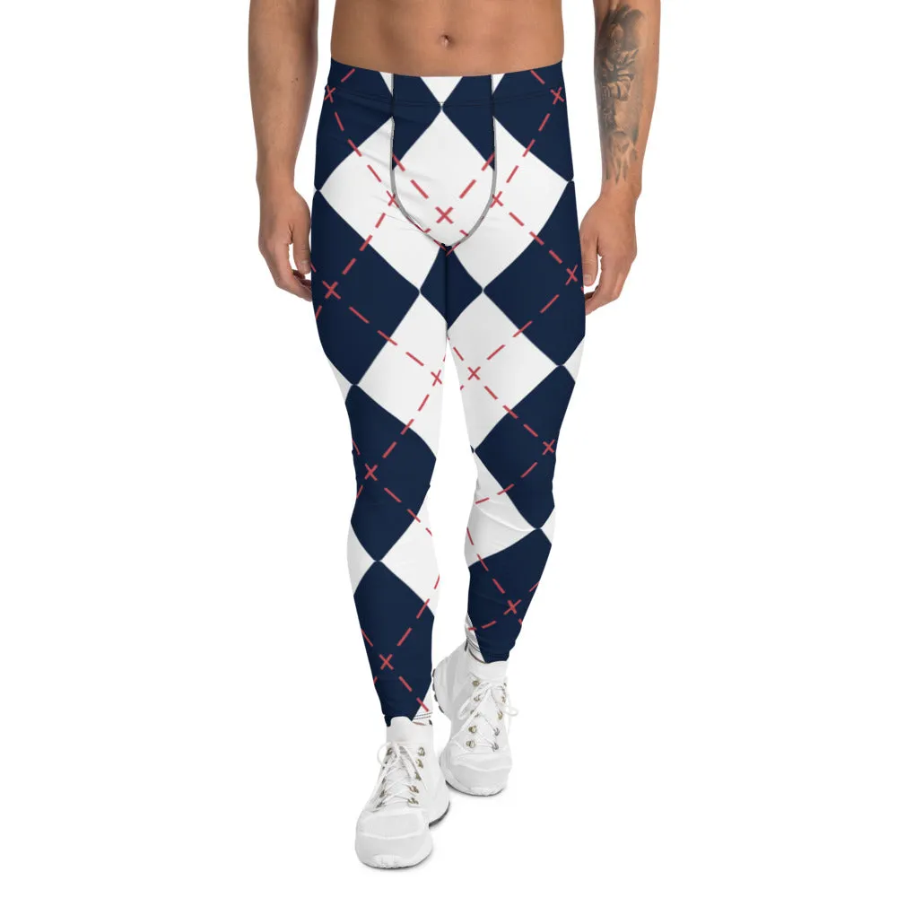 Blue White Plaid Men's Leggings, Tartan Plaid Print Compression Men's Leggings Tights Pants - Made in USA/MX/EU (US Size: XS-3XL)