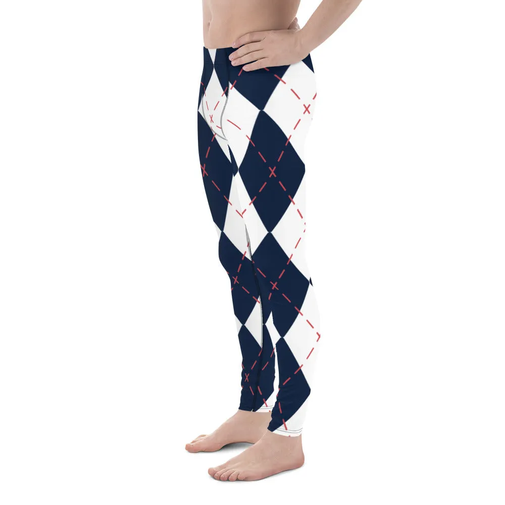 Blue White Plaid Men's Leggings, Tartan Plaid Print Compression Men's Leggings Tights Pants - Made in USA/MX/EU (US Size: XS-3XL)