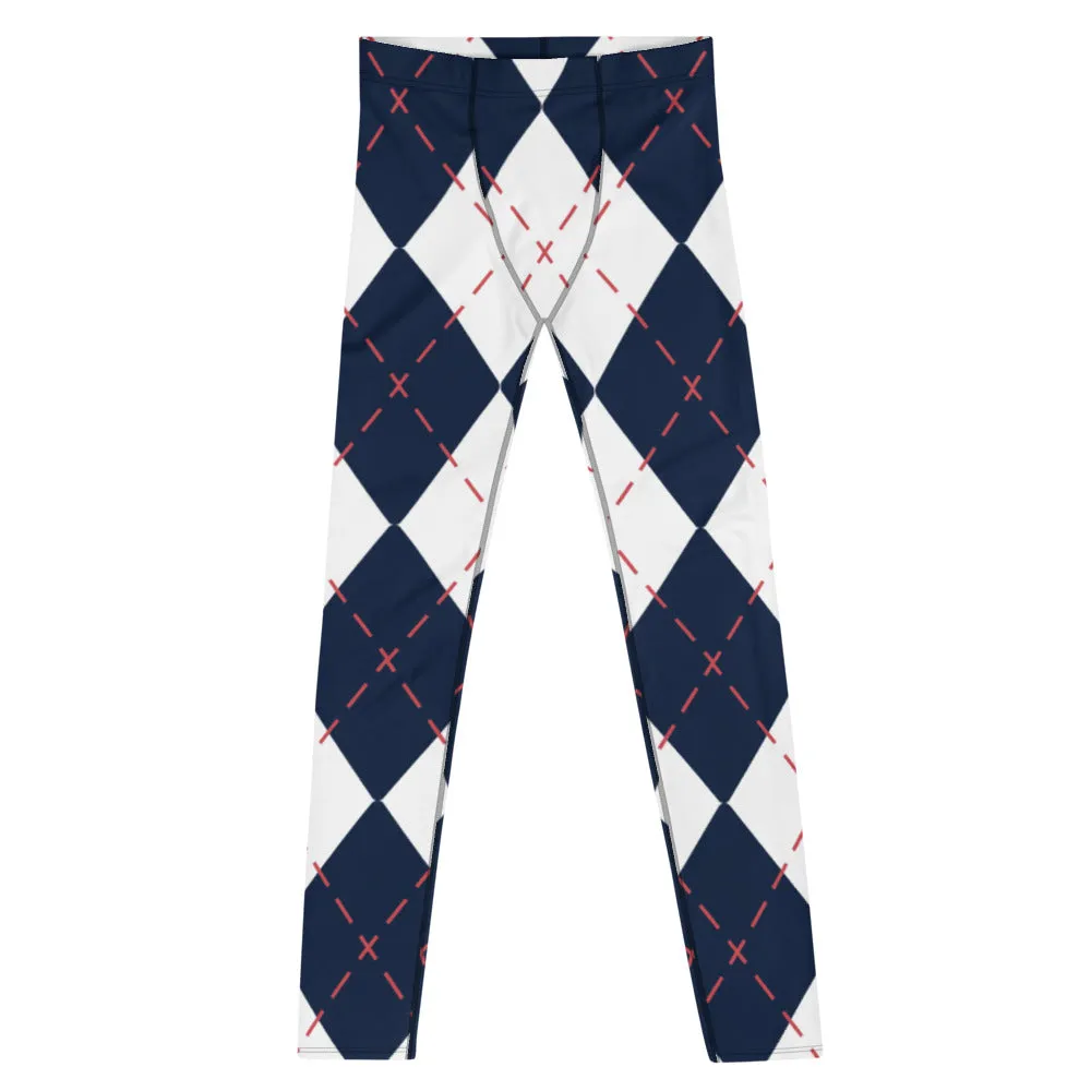 Blue White Plaid Men's Leggings, Tartan Plaid Print Compression Men's Leggings Tights Pants - Made in USA/MX/EU (US Size: XS-3XL)