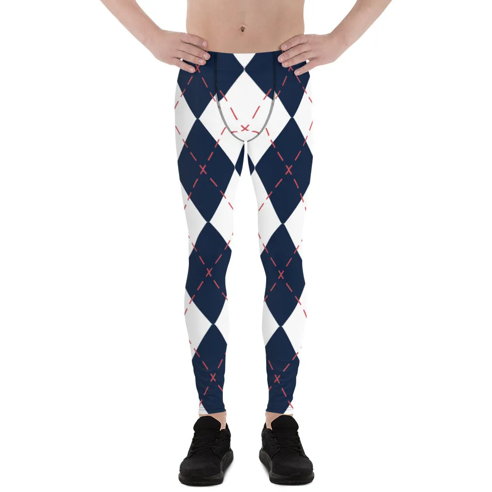 Blue White Plaid Men's Leggings, Tartan Plaid Print Compression Men's Leggings Tights Pants - Made in USA/MX/EU (US Size: XS-3XL)