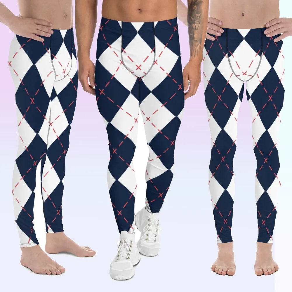 Blue White Plaid Men's Leggings, Tartan Plaid Print Compression Men's Leggings Tights Pants - Made in USA/MX/EU (US Size: XS-3XL)
