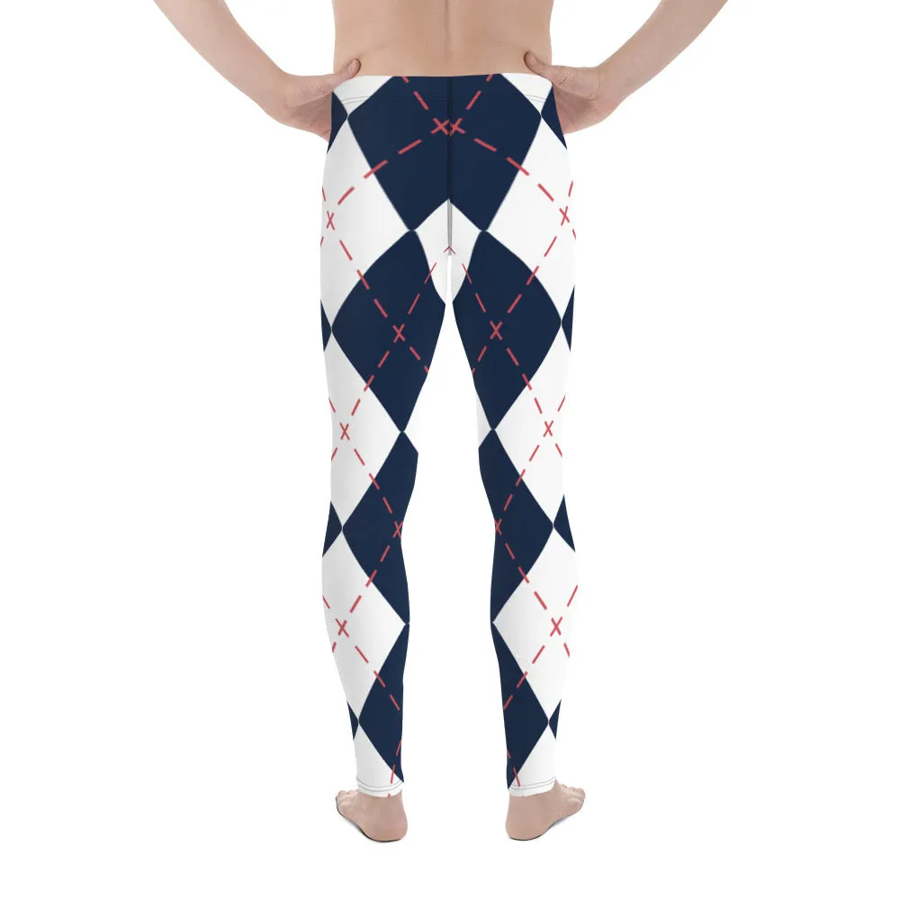 Blue White Plaid Men's Leggings, Tartan Plaid Print Compression Men's Leggings Tights Pants - Made in USA/MX/EU (US Size: XS-3XL)