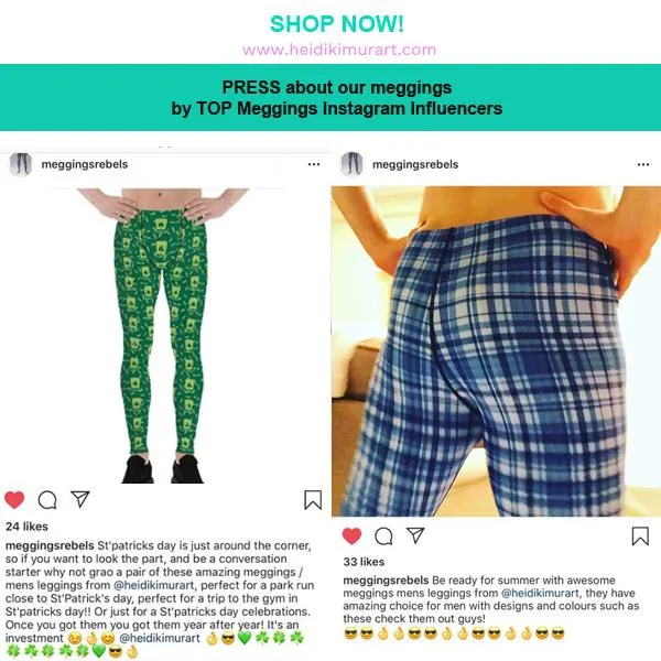 Blue White Plaid Men's Leggings, Tartan Plaid Print Compression Men's Leggings Tights Pants - Made in USA/MX/EU (US Size: XS-3XL)