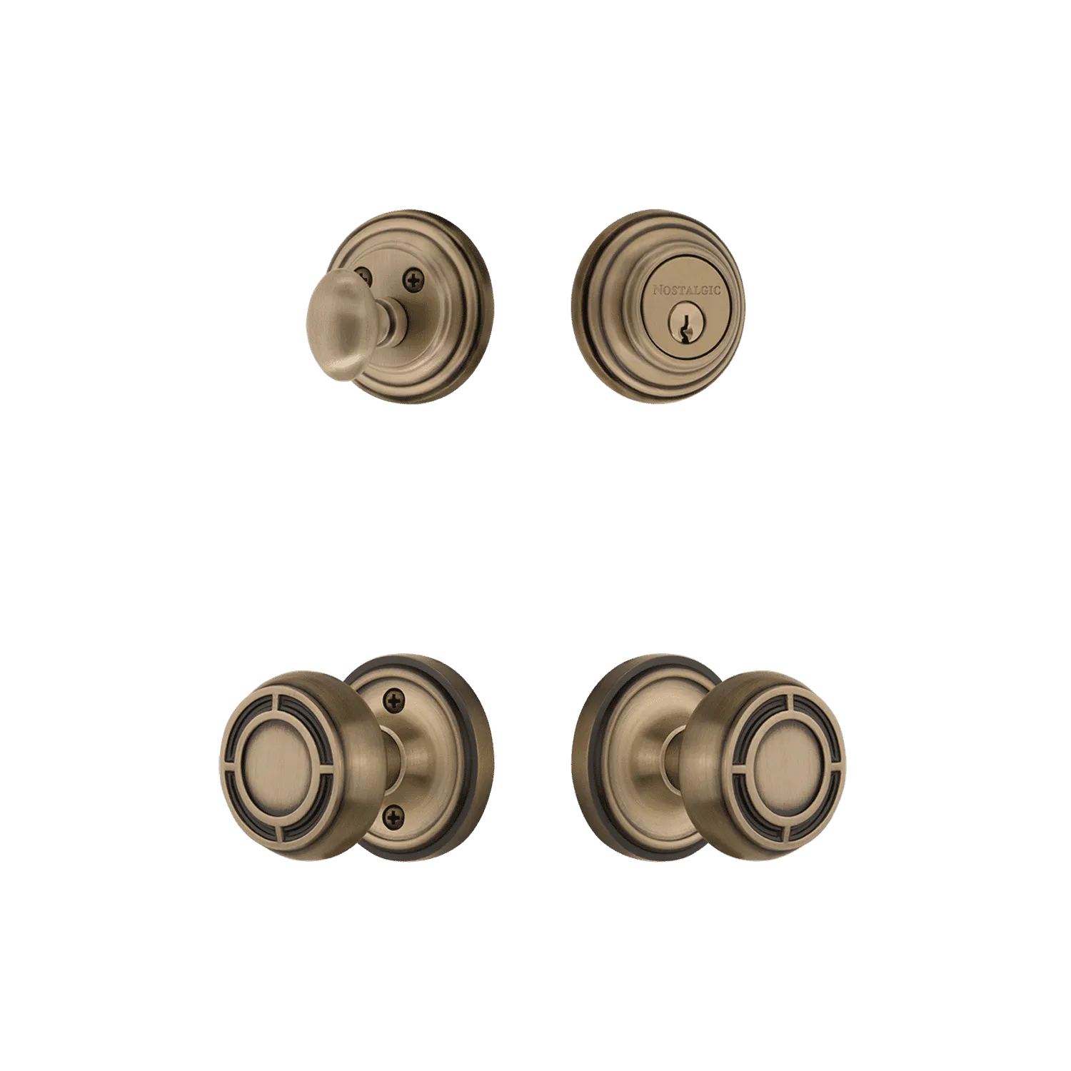 Classic Rosette Entry Set with Mission Knob in Antique Brass
