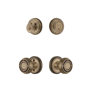 Classic Rosette Entry Set with Mission Knob in Antique Brass