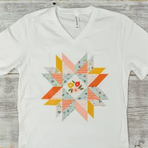 Floral Fill Quilt Block Star V Neck Tee / V Neck T Shirt