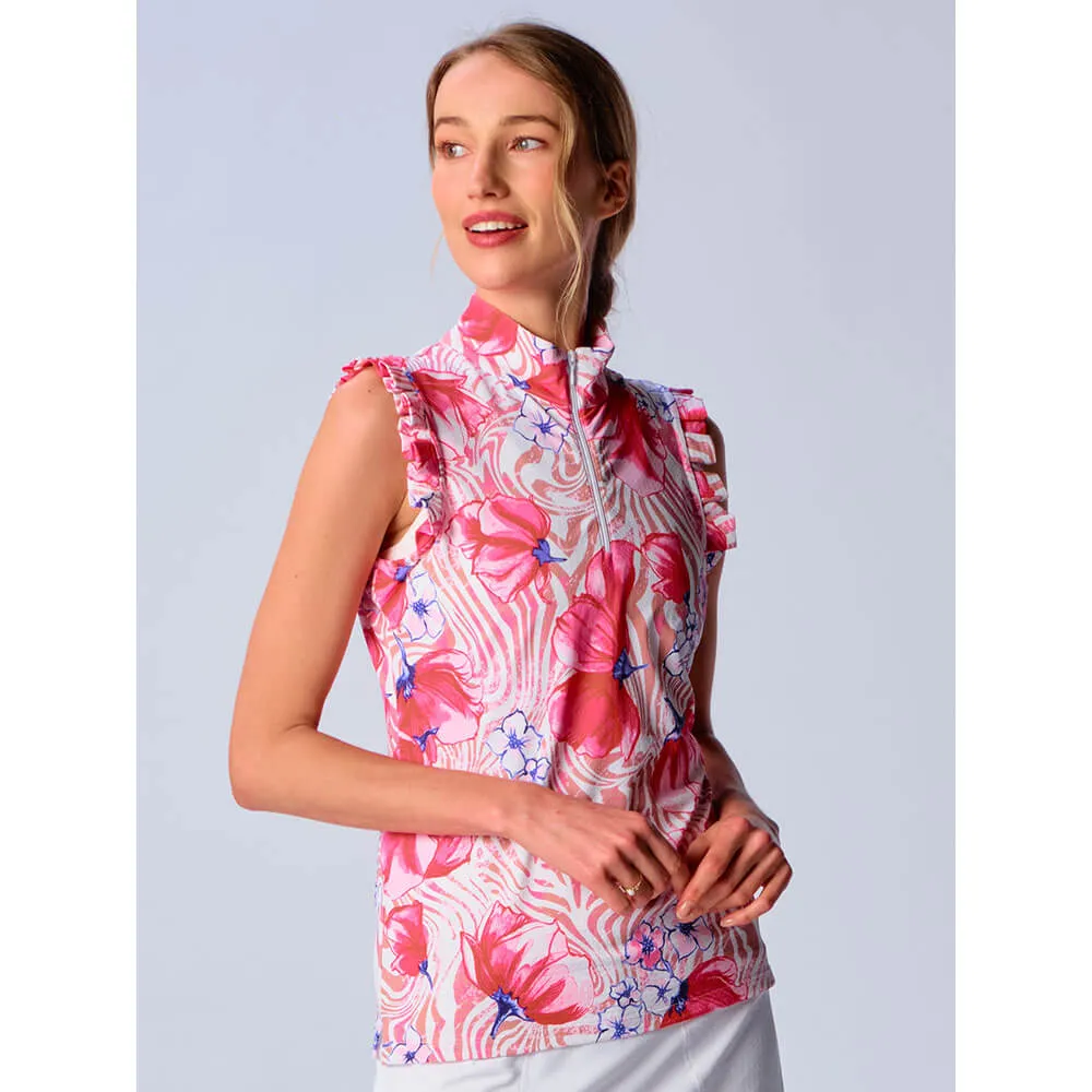 G Lifestyle Half Zip Ruffle Sleeveless Top - Beige Zebra