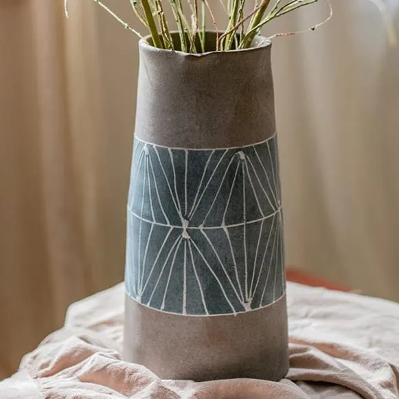 Gray Blue Handpainted Terracotta Table Vase