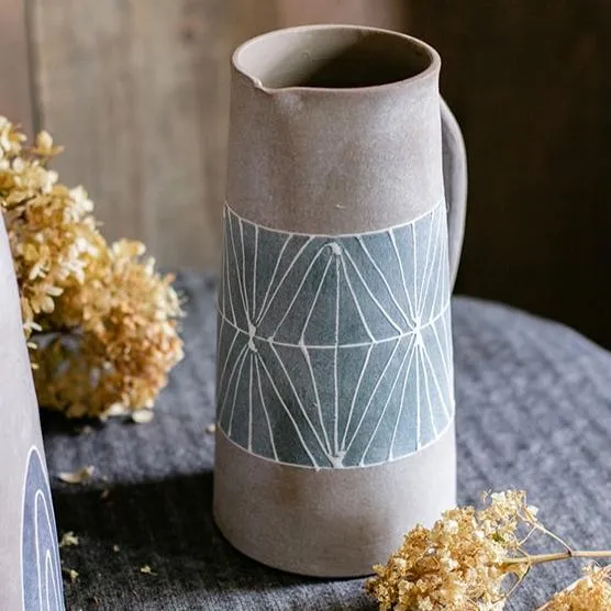 Gray Blue Handpainted Terracotta Table Vase