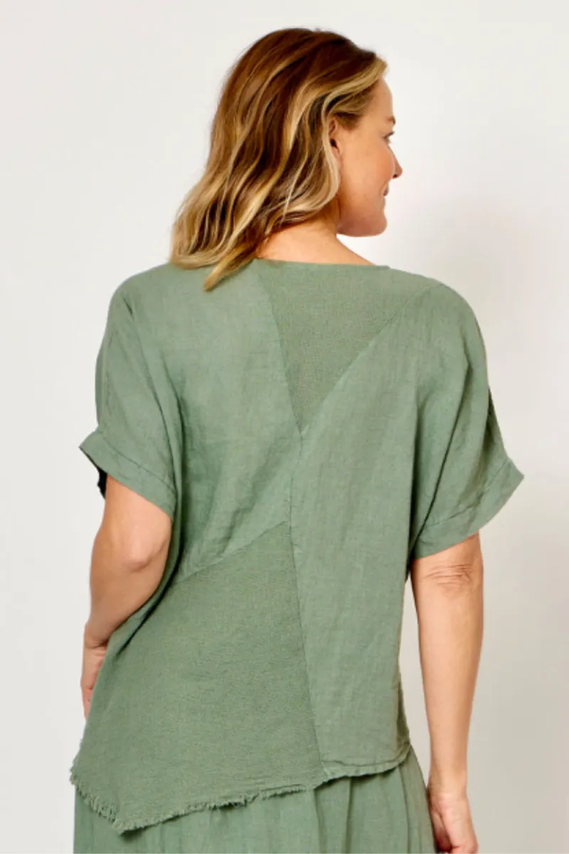La Strada Italian Linen Top Asymetrical Khaki