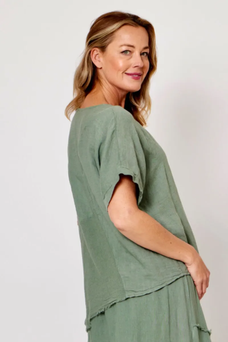 La Strada Italian Linen Top Asymetrical Khaki