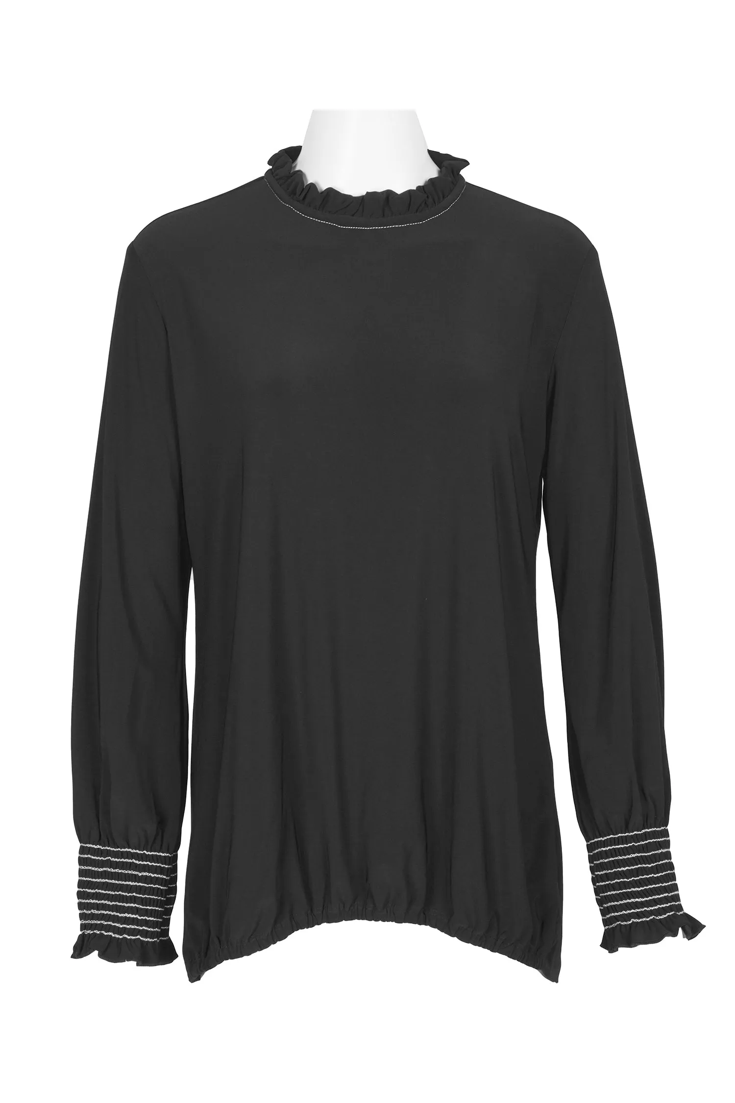 Last Tango Ruffled Neck Long Sleeve Keyhole Back Elastic Cuff Elastic Hem Solid ITY Top