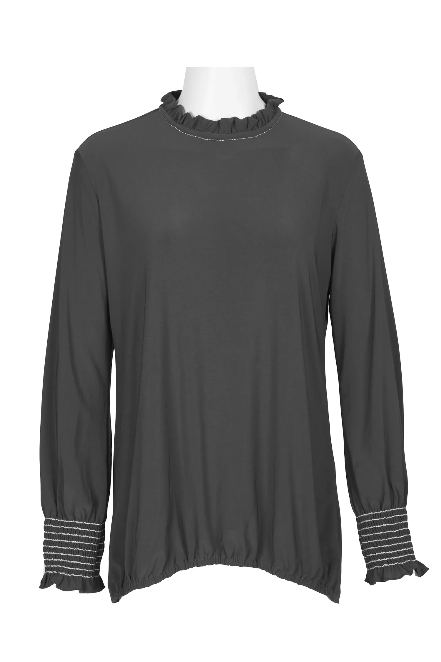 Last Tango Ruffled Neck Long Sleeve Keyhole Back Elastic Cuff Elastic Hem Solid ITY Top