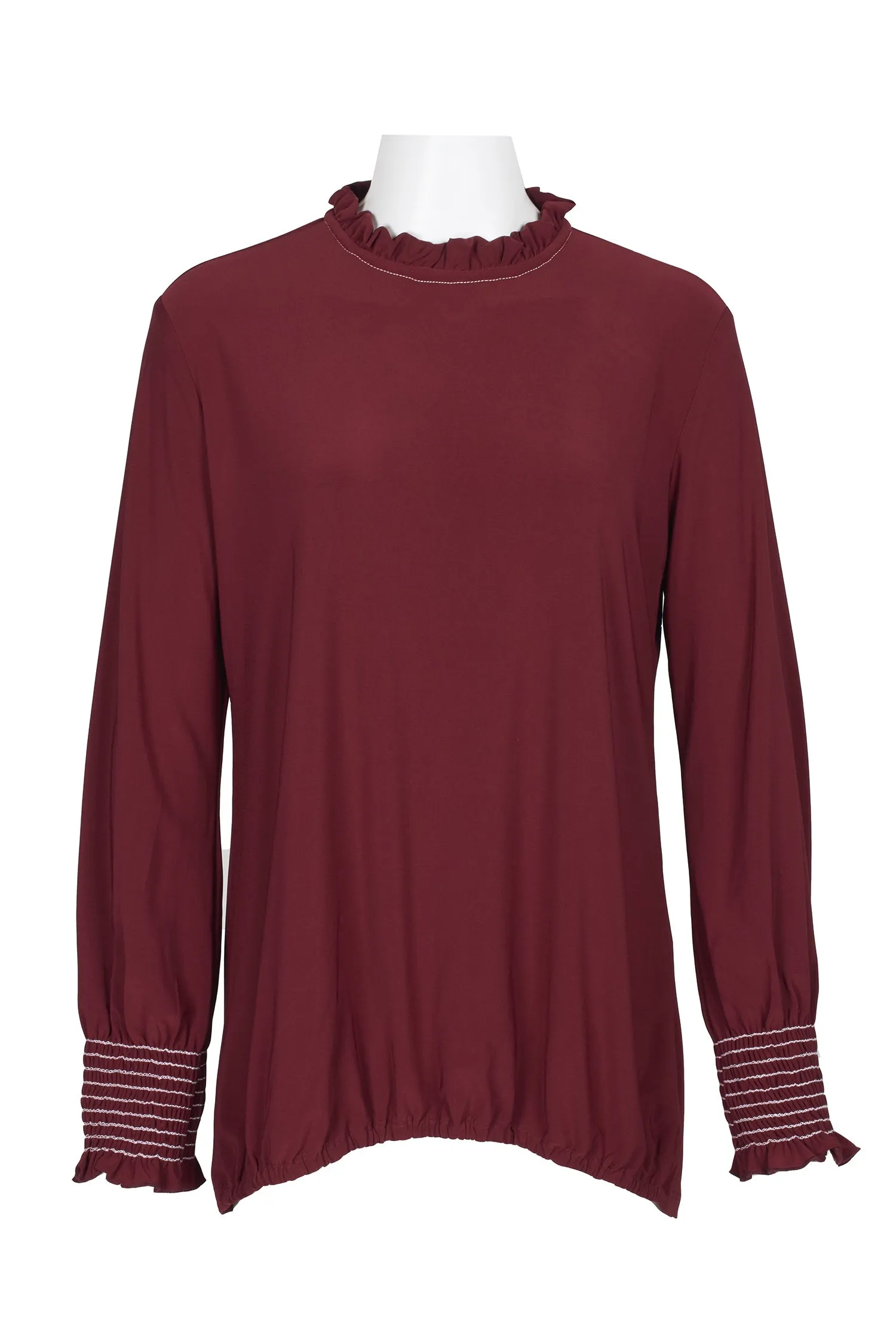 Last Tango Ruffled Neck Long Sleeve Keyhole Back Elastic Cuff Elastic Hem Solid ITY Top