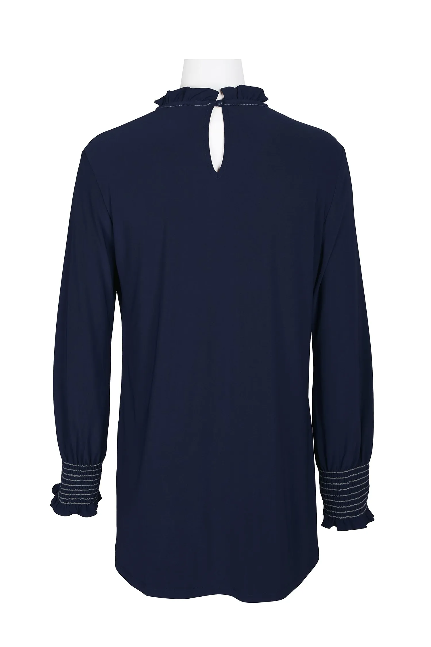 Last Tango Ruffled Neck Long Sleeve Keyhole Back Elastic Cuff Elastic Hem Solid ITY Top