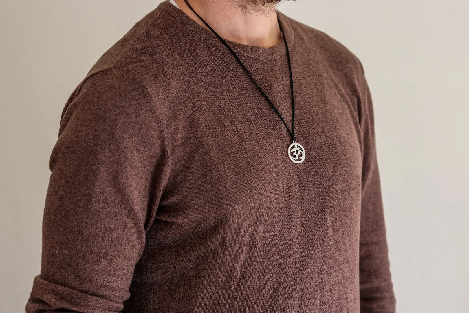 Men's necklace with a silver Om pendant, black cord, yoga jewelry for man handmade, gift wrapped
