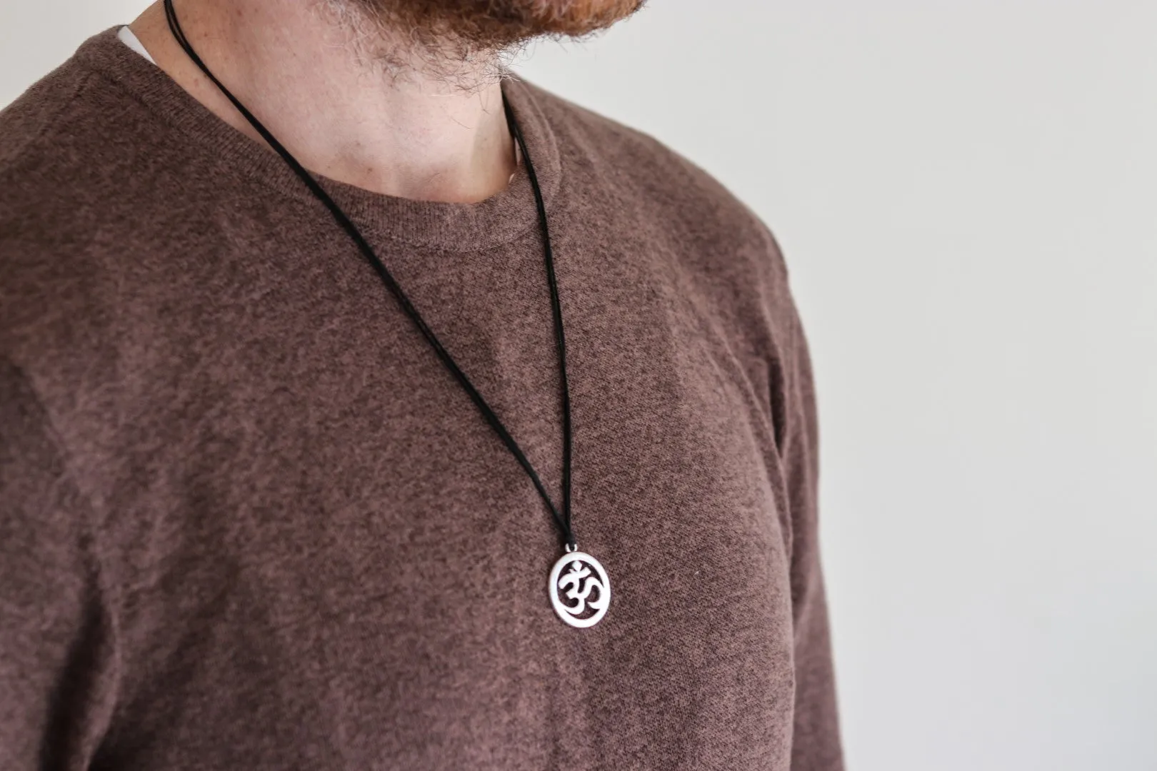 Men's necklace with a silver Om pendant, black cord, yoga jewelry for man handmade, gift wrapped
