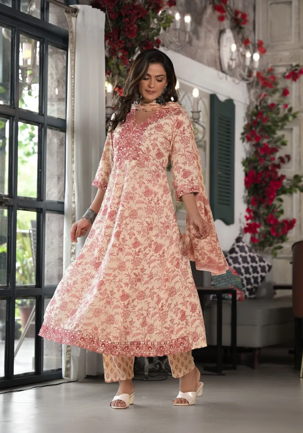 Pink Floral Printed Rayon Kurta, Pant And Dupatta Set With Mirror & Thread Work