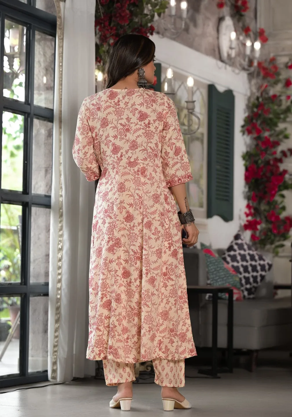 Pink Floral Printed Rayon Kurta, Pant And Dupatta Set With Mirror & Thread Work