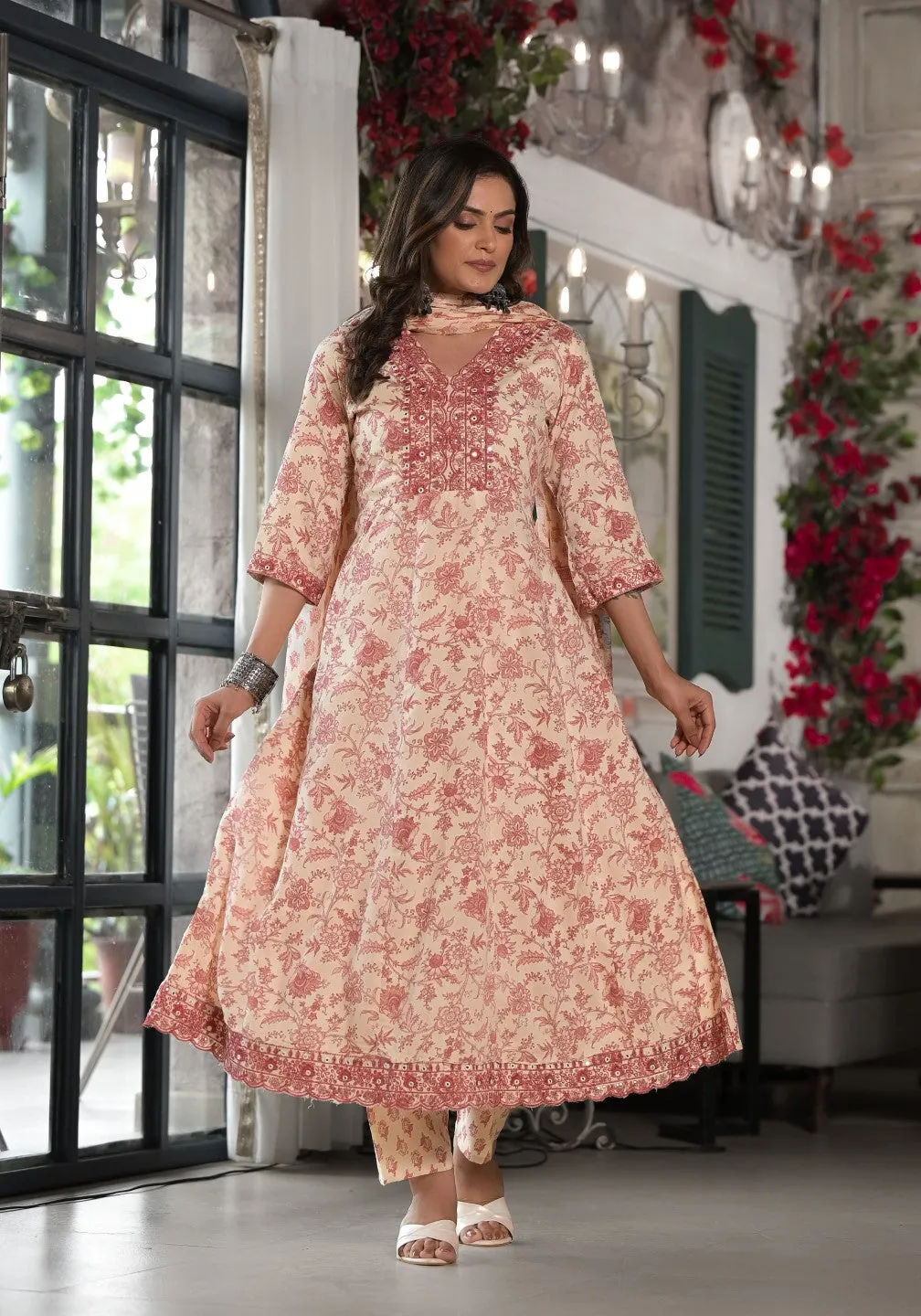 Pink Floral Printed Rayon Kurta, Pant And Dupatta Set With Mirror & Thread Work