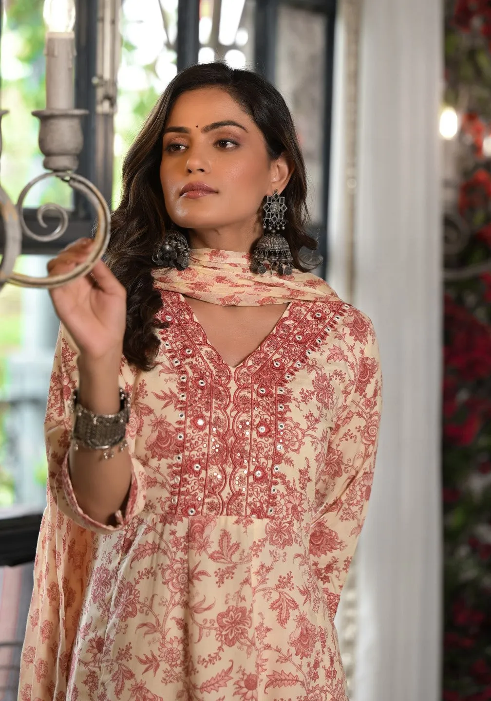 Pink Floral Printed Rayon Kurta, Pant And Dupatta Set With Mirror & Thread Work