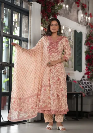 Pink Floral Printed Rayon Kurta, Pant And Dupatta Set With Mirror & Thread Work