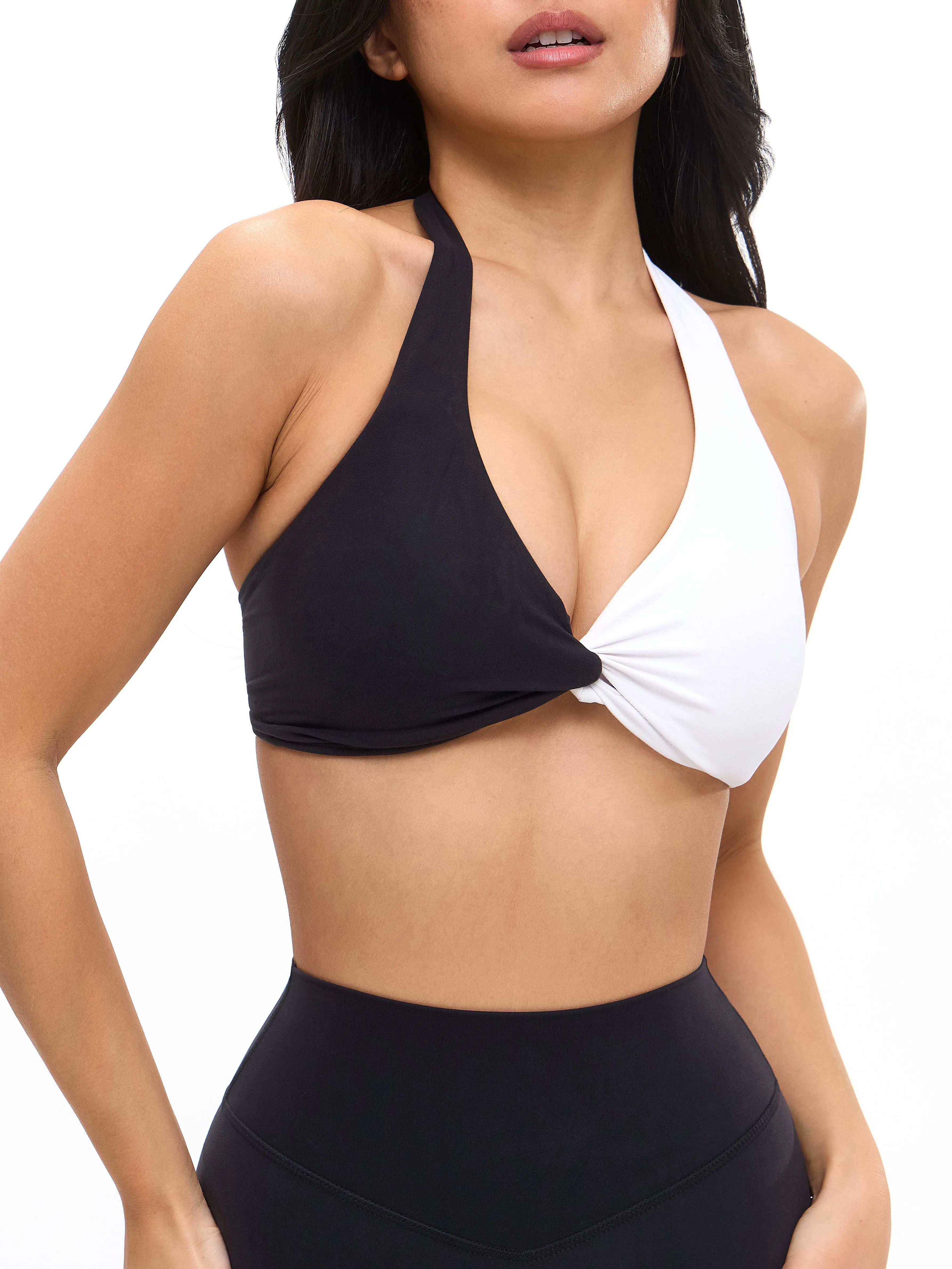 Poshknit Twist Halter Sports Bra - Black / White
