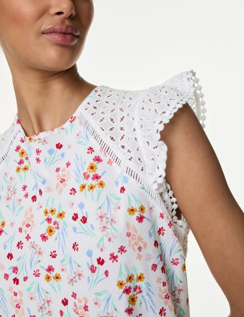 Pure Cotton Floral Broderie Trim Nightdress