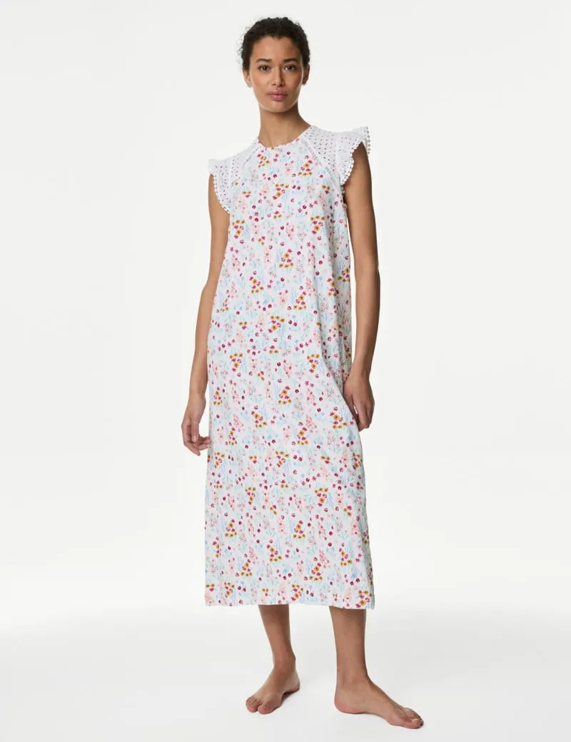 Pure Cotton Floral Broderie Trim Nightdress