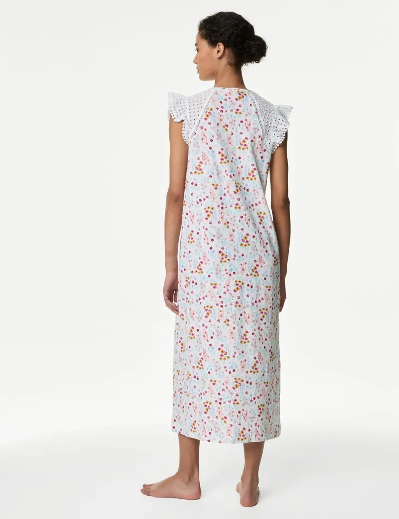 Pure Cotton Floral Broderie Trim Nightdress