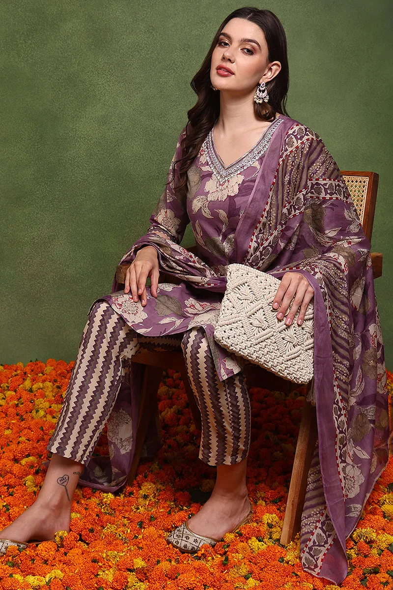 Purple Pure Cotton Floral Printed Straight Suit Set