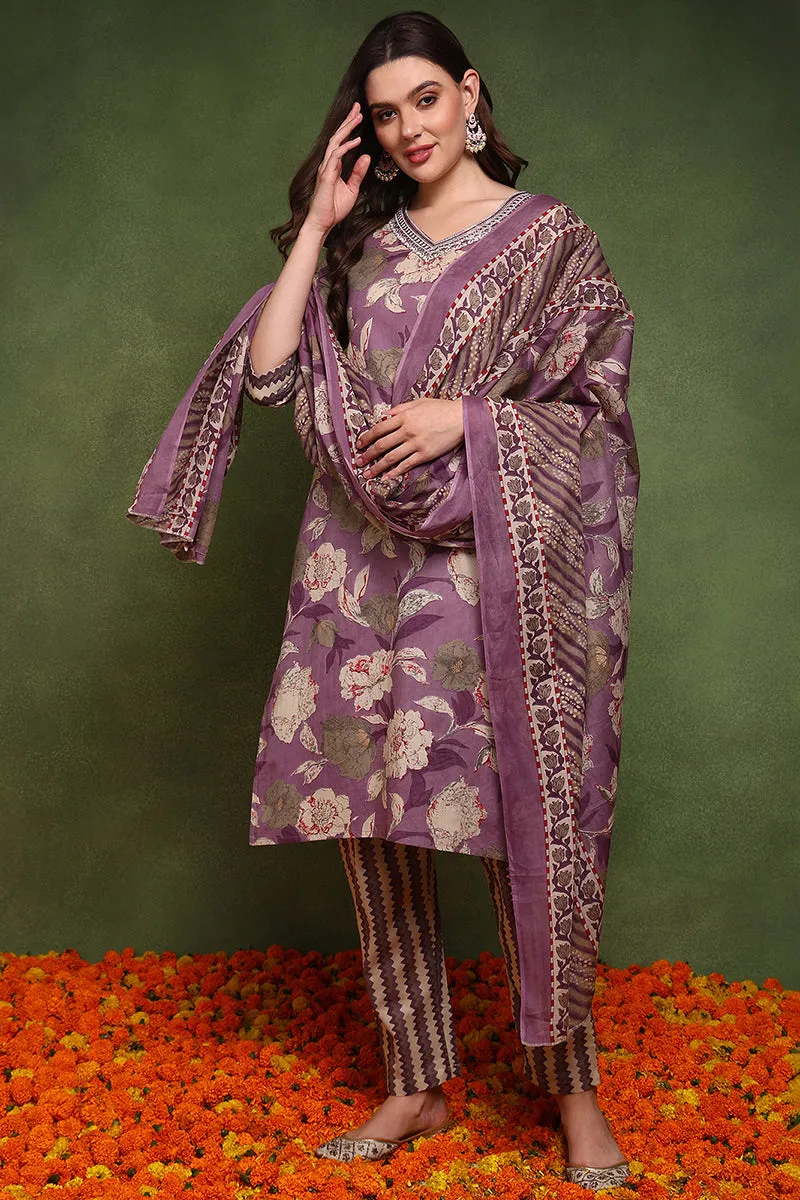 Purple Pure Cotton Floral Printed Straight Suit Set
