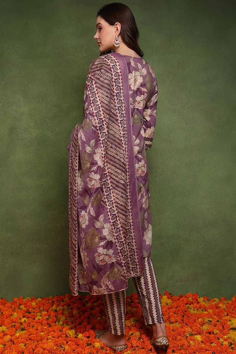 Purple Pure Cotton Floral Printed Straight Suit Set