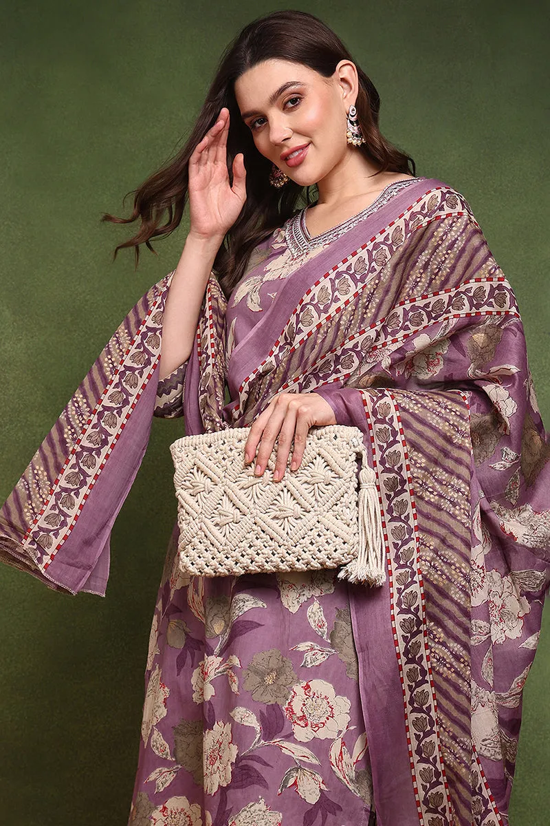 Purple Pure Cotton Floral Printed Straight Suit Set