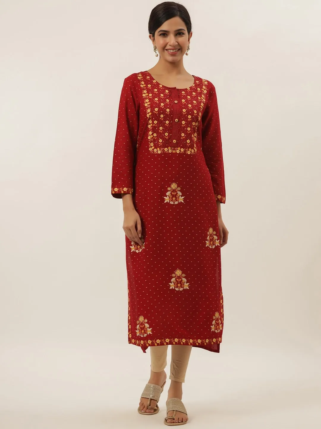 Red Floral Printed Kurta