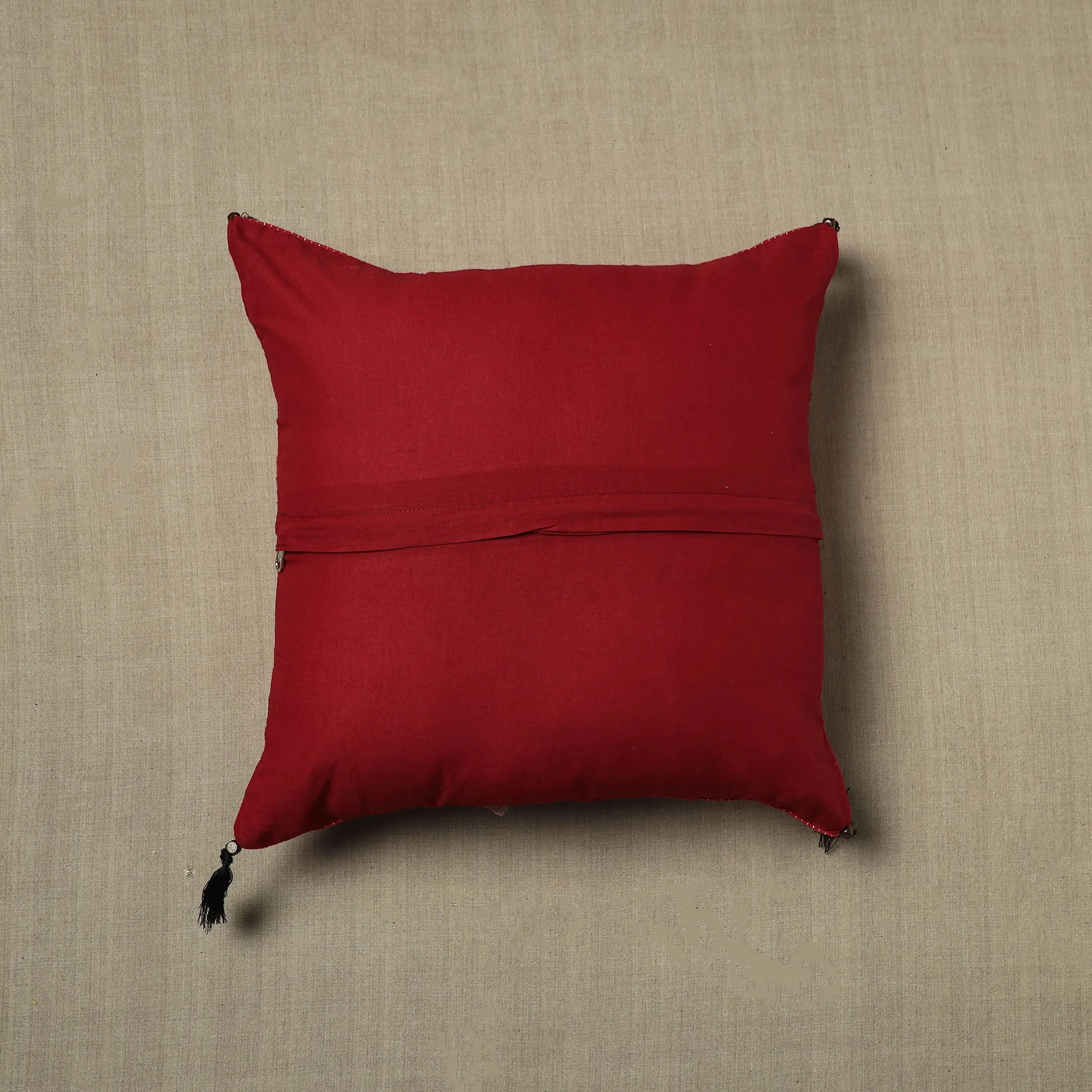 Red - Pure Cotton Kantha Stitch Ikat Cushion Cover (16 x 16 in) 06