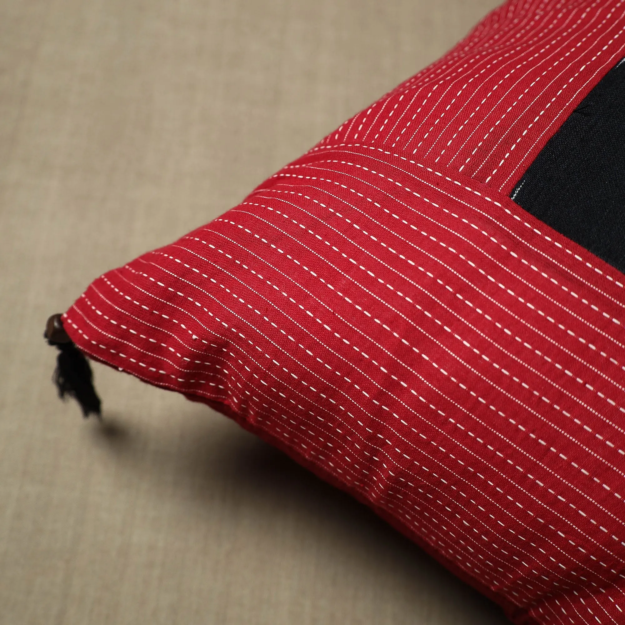 Red - Pure Cotton Kantha Stitch Ikat Cushion Cover (16 x 16 in) 06