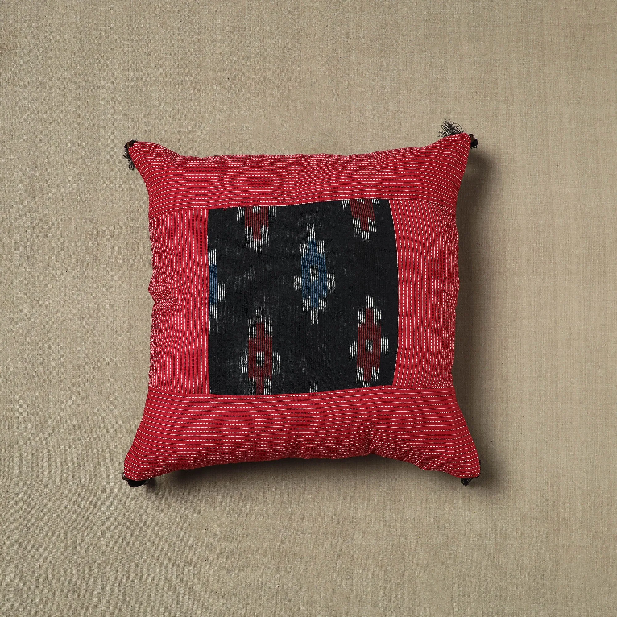 Red - Pure Cotton Kantha Stitch Ikat Cushion Cover (16 x 16 in) 06