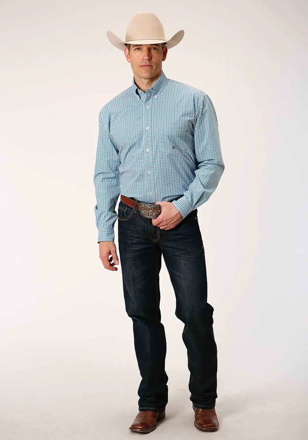 Roper Mens Blue Cotton Blend Stretch Check BD L/S 1 Pkt Shirt
