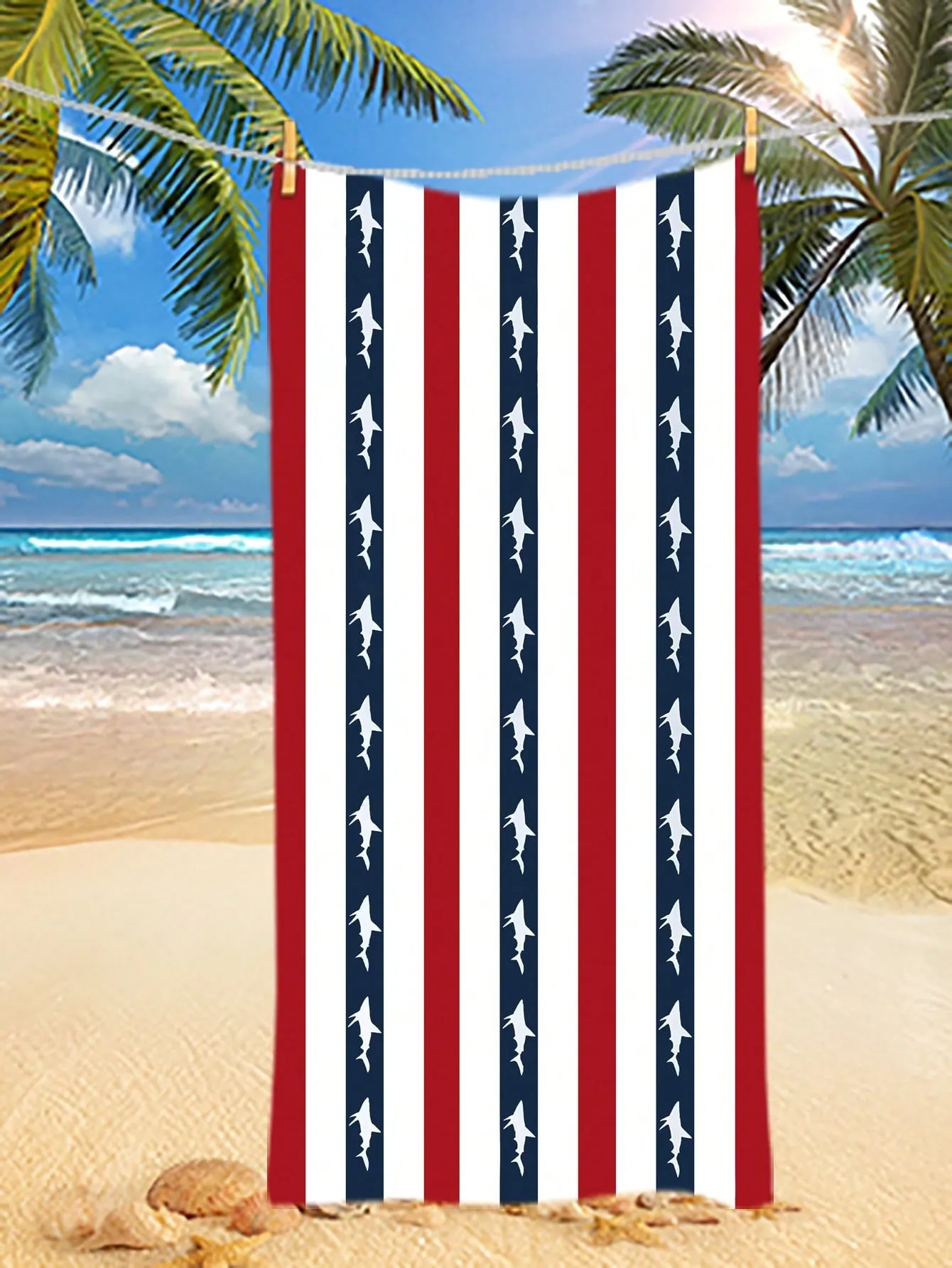 Size 150 Cm X 75 Cm, Small Shark, Striped Pattern, Blue, Cute, Microfiber, Rectangular Soft Absorbent Beach Towel, Digital Print, Beach Supplies, Outdoor Summer Beach Towel, Swimming Pool, Travel, Beach, Hot Yoga
